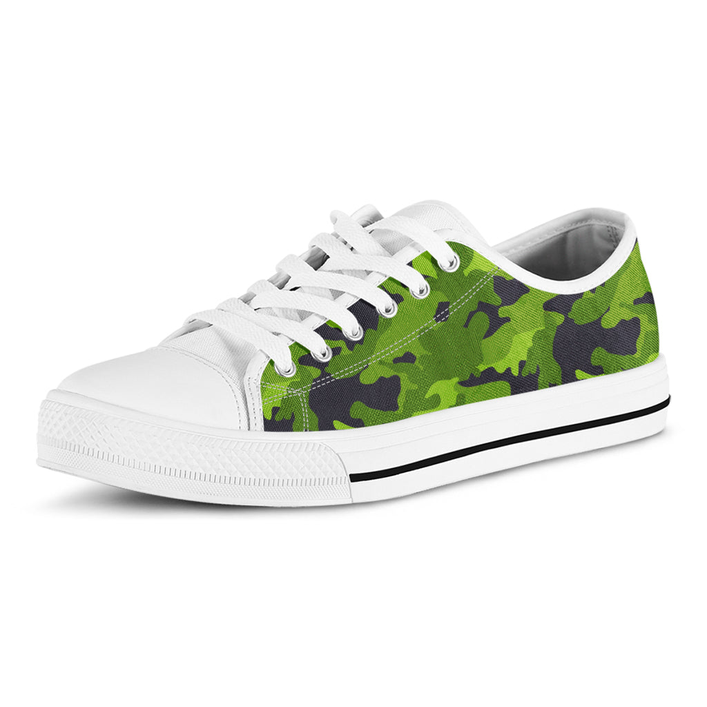 Lime Green Camouflage Print White Low Top Sneakers
