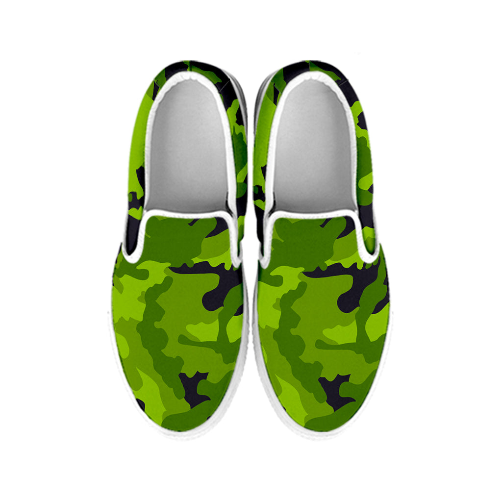 Lime Green Camouflage Print White Slip On Sneakers