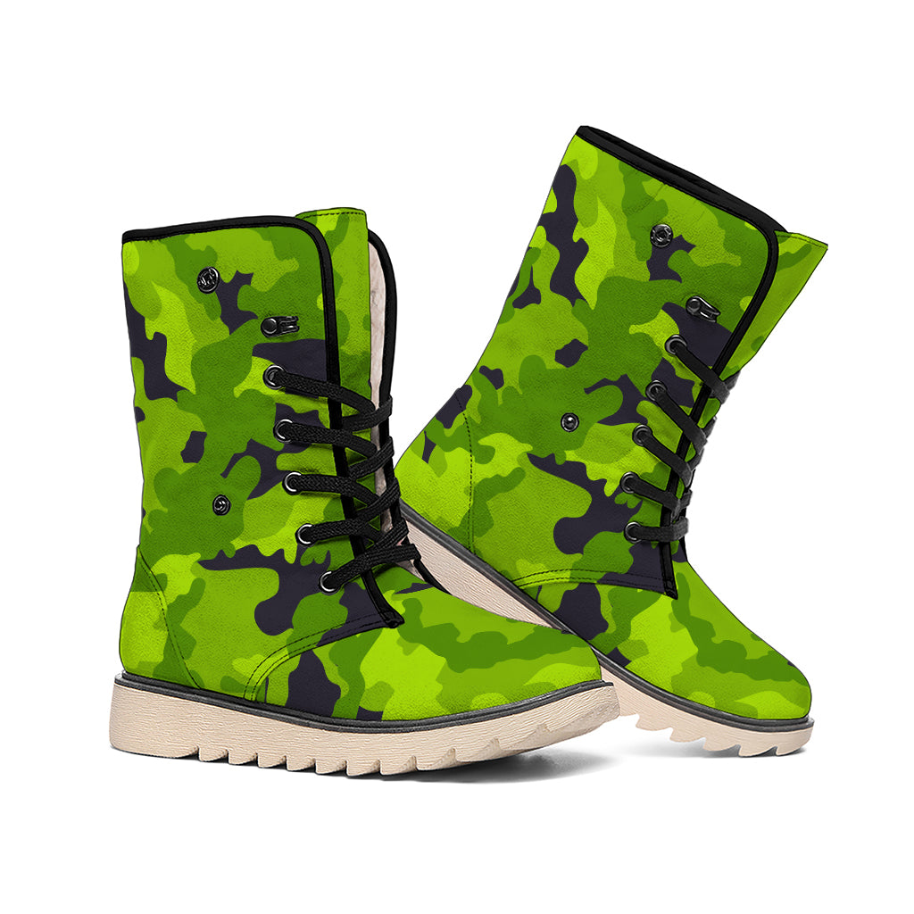 Lime Green Camouflage Print Winter Boots