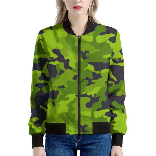 Lime Green Camouflage Print Women's Bomber Jacket