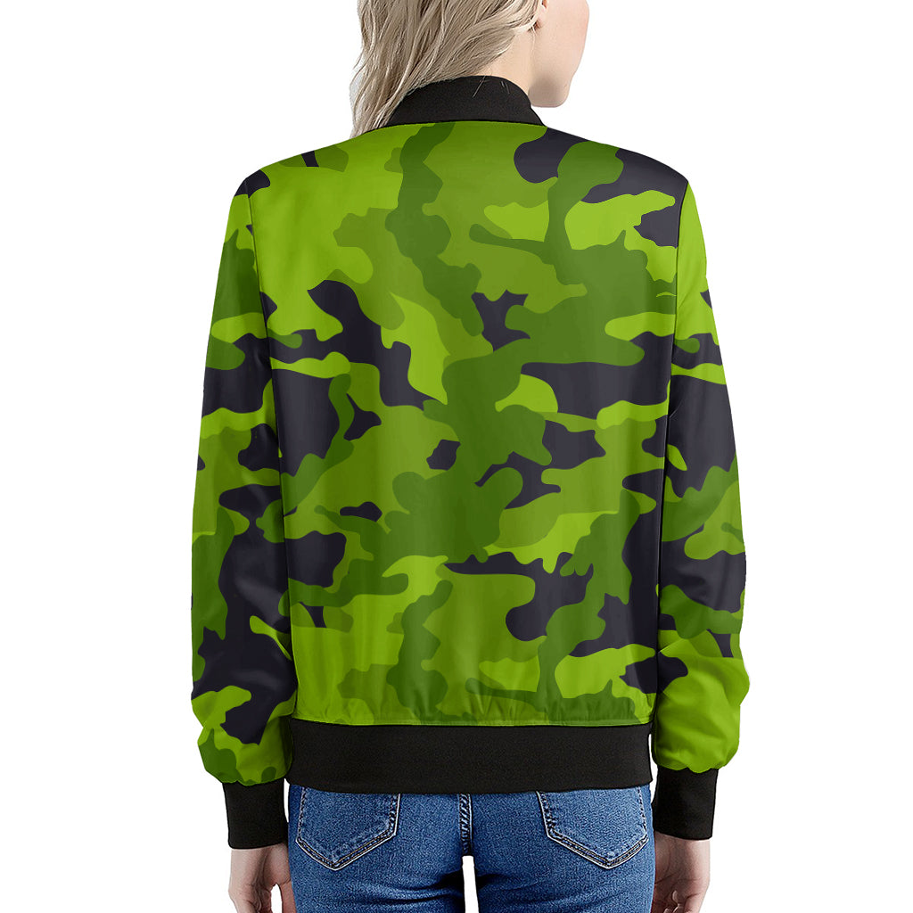 Lime Green Camouflage Print Women's Bomber Jacket