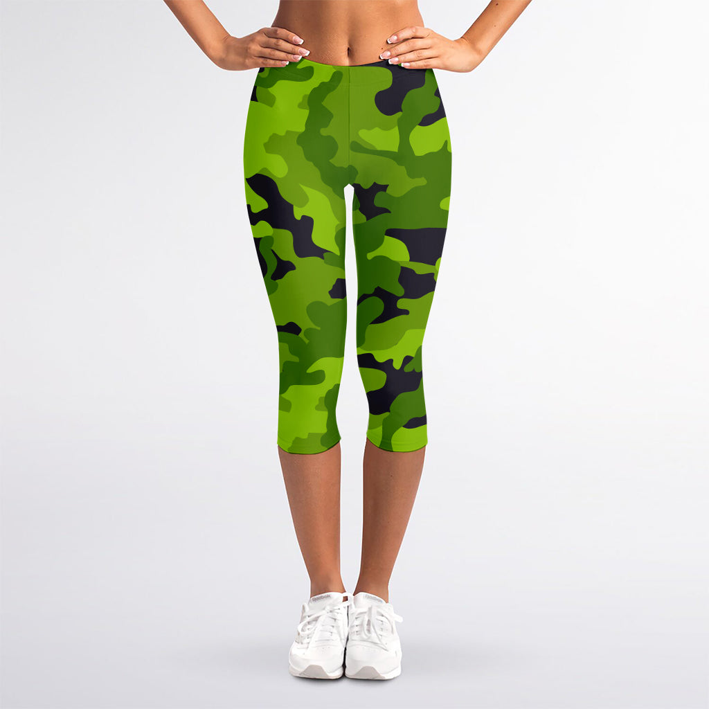 Lime Green Camouflage Print Women's Capri Leggings