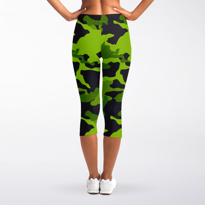 Lime Green Camouflage Print Women's Capri Leggings