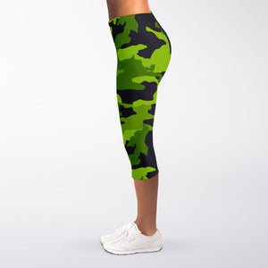 Lime Green Camouflage Print Women's Capri Leggings