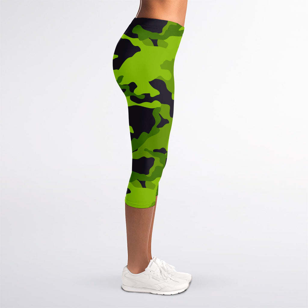 Lime Green Camouflage Print Women's Capri Leggings