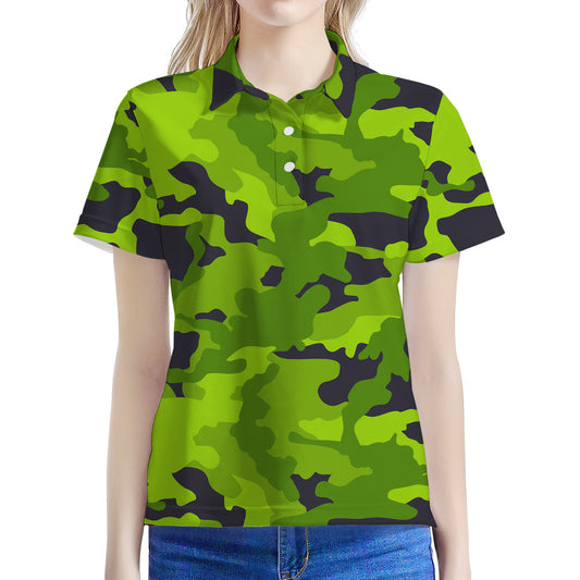 Lime Green Camouflage Print Women's Polo Shirt
