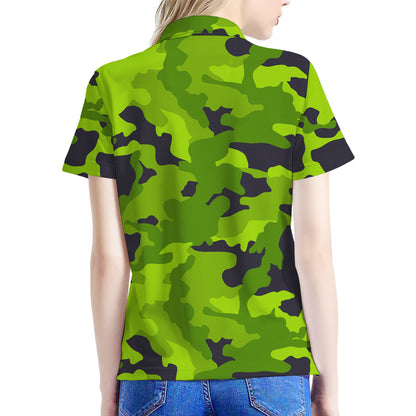 Lime Green Camouflage Print Women's Polo Shirt