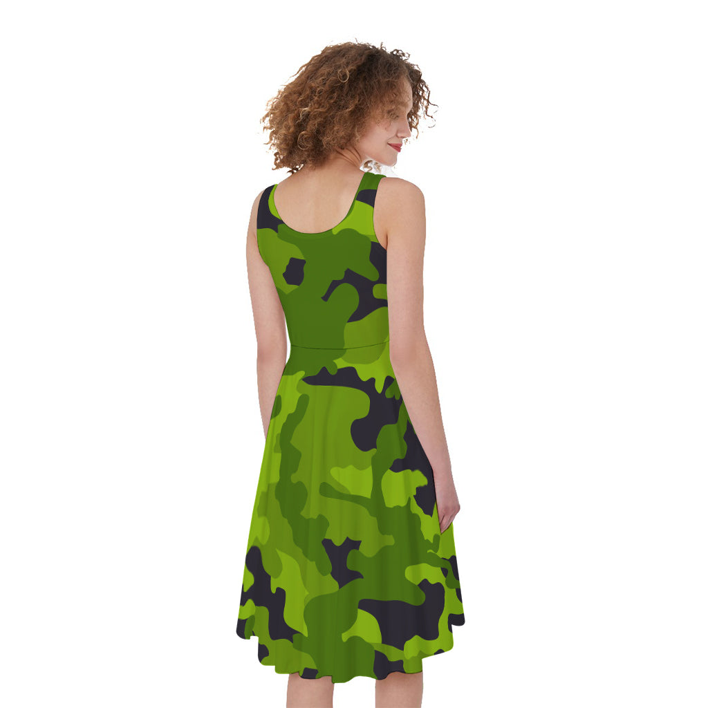 Lime Green Camouflage Print Women's Sleeveless Dress