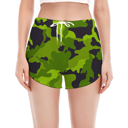Lime Green Camouflage Print Women's Split Running Shorts