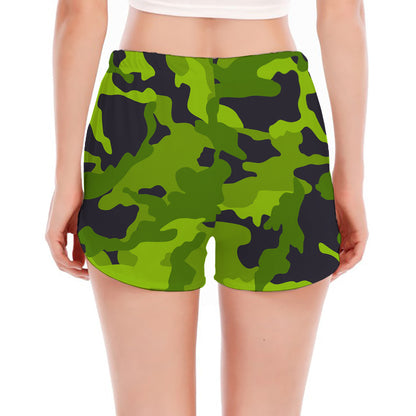 Lime Green Camouflage Print Women's Split Running Shorts