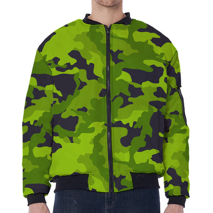 Lime Green Camouflage Print Zip Sleeve Bomber Jacket