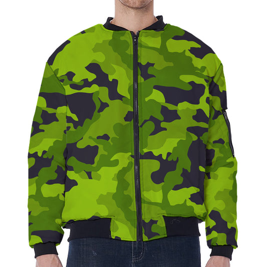 Lime Green Camouflage Print Zip Sleeve Bomber Jacket