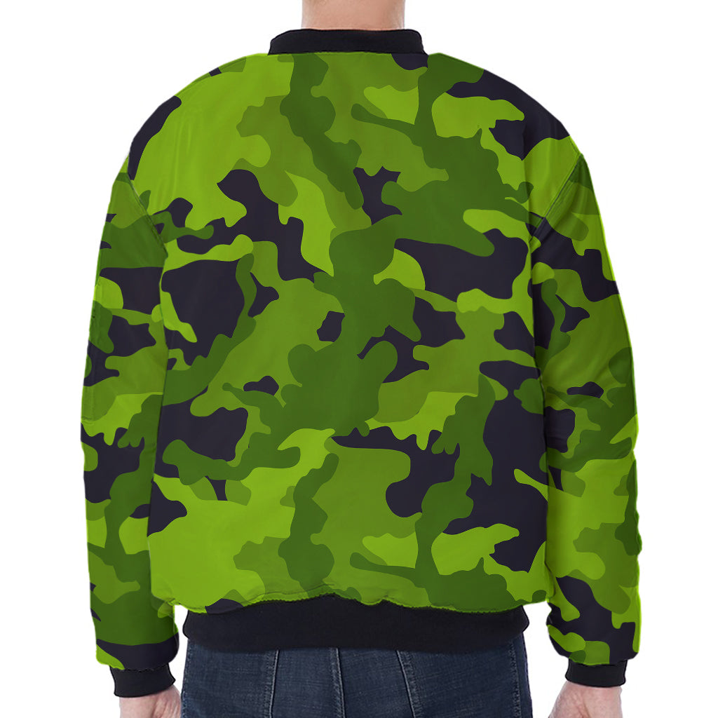 Lime Green Camouflage Print Zip Sleeve Bomber Jacket