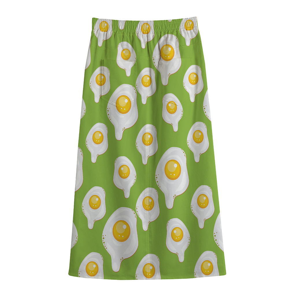 Lime Green Fried Eggs Pattern Print Cotton Front Slit Maxi Skirt