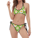 Lime Green Fried Eggs Pattern Print Halter Scoop Tie Side Bikini