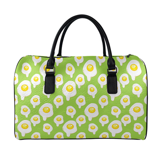 Lime Green Fried Eggs Pattern Print Leather Duffle Bag