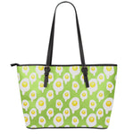 Lime Green Fried Eggs Pattern Print Leather Tote Bag