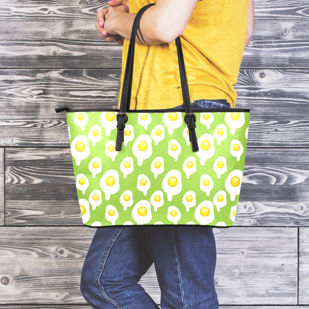 Lime Green Fried Eggs Pattern Print Leather Tote Bag