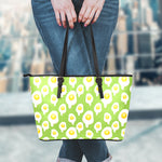 Lime Green Fried Eggs Pattern Print Leather Tote Bag