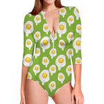 Lime Green Fried Eggs Pattern Print Long Sleeve Swimsuit