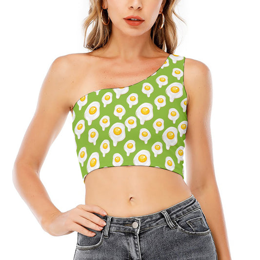 Lime Green Fried Eggs Pattern Print One Shoulder Crop Top