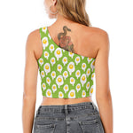 Lime Green Fried Eggs Pattern Print One Shoulder Crop Top