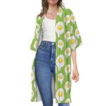Lime Green Fried Eggs Pattern Print Open Front Beach Cover Up