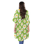 Lime Green Fried Eggs Pattern Print Open Front Beach Cover Up