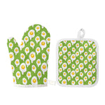 Lime Green Fried Eggs Pattern Print Oven Mitt And Pot Holder Set