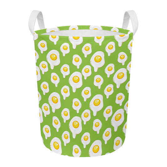 Lime Green Fried Eggs Pattern Print Round Laundry Basket