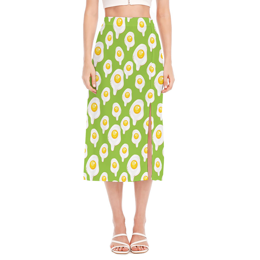Lime Green Fried Eggs Pattern Print Side Slit Midi Skirt