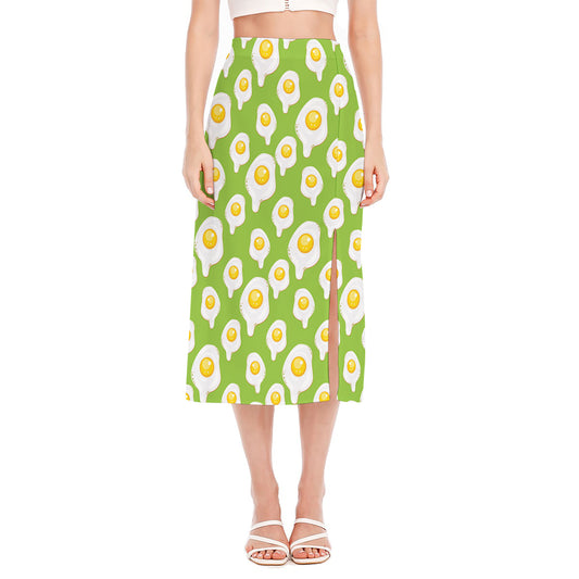 Lime Green Fried Eggs Pattern Print Side Slit Midi Skirt