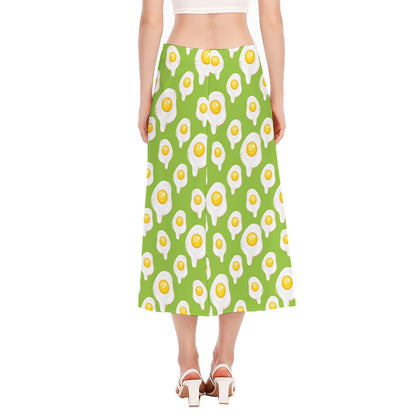 Lime Green Fried Eggs Pattern Print Side Slit Midi Skirt