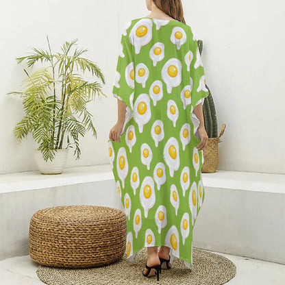 Lime Green Fried Eggs Pattern Print Silk V-Neck Kaftan Dress