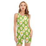 Lime Green Fried Eggs Pattern Print Sleeveless One Piece Swimsuit