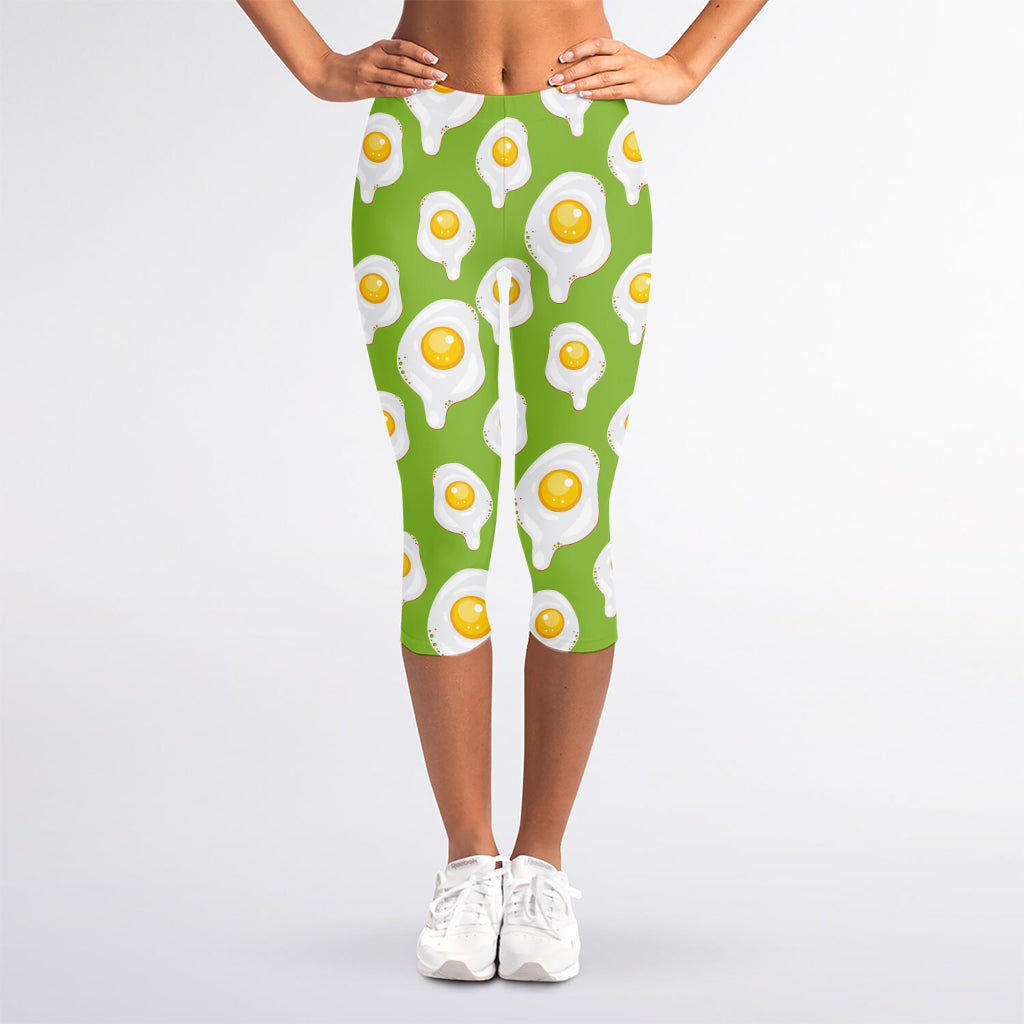 Lime Green Fried Eggs Pattern Print Women's Capri Leggings