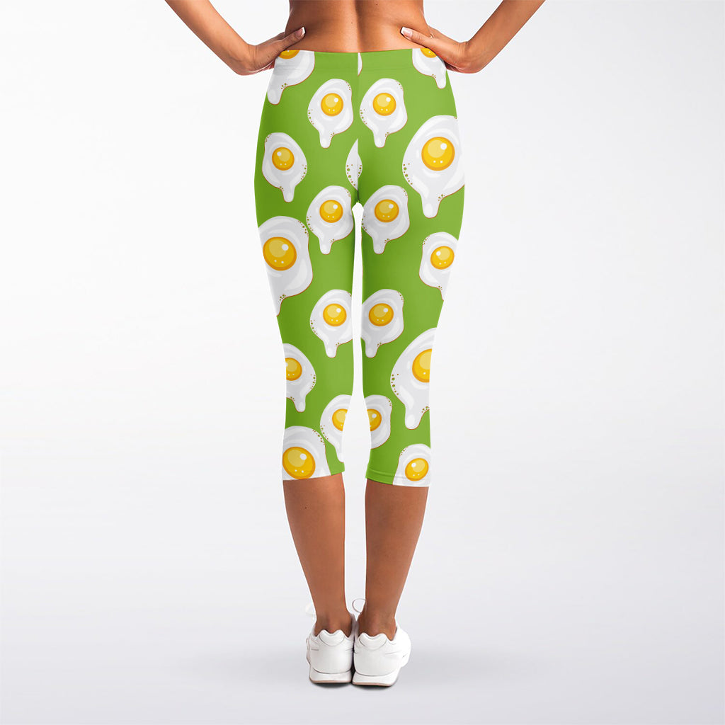 Lime Green Fried Eggs Pattern Print Women's Capri Leggings