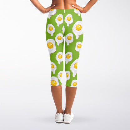 Lime Green Fried Eggs Pattern Print Women's Capri Leggings