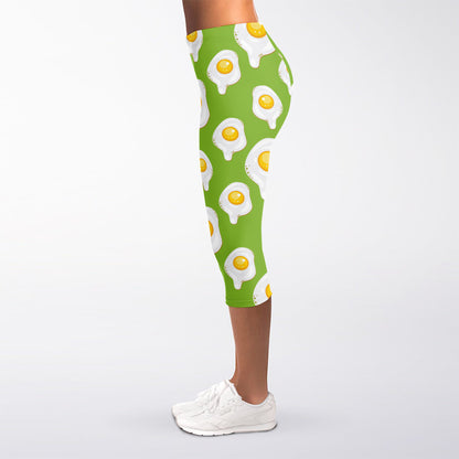 Lime Green Fried Eggs Pattern Print Women's Capri Leggings