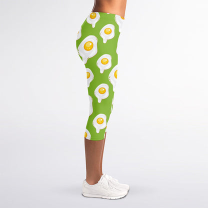 Lime Green Fried Eggs Pattern Print Women's Capri Leggings