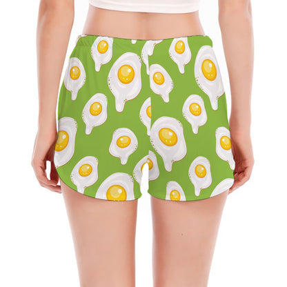 Lime Green Fried Eggs Pattern Print Women's Split Running Shorts
