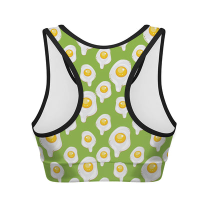 Lime Green Fried Eggs Pattern Print Women's Sports Bra