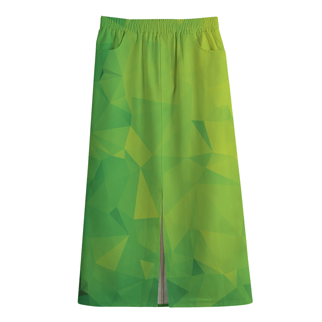 Lime Green Polygonal Geometric Print Cotton Front Slit Maxi Skirt