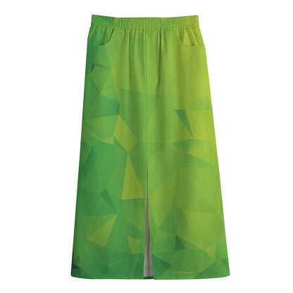 Lime Green Polygonal Geometric Print Cotton Front Slit Maxi Skirt