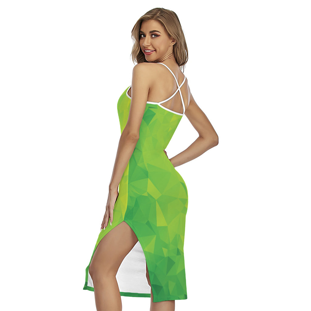 Lime Green Polygonal Geometric Print Cross Back Cami Dress