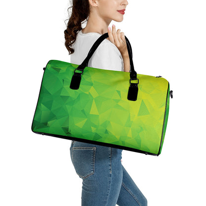 Lime Green Polygonal Geometric Print Leather Duffle Bag