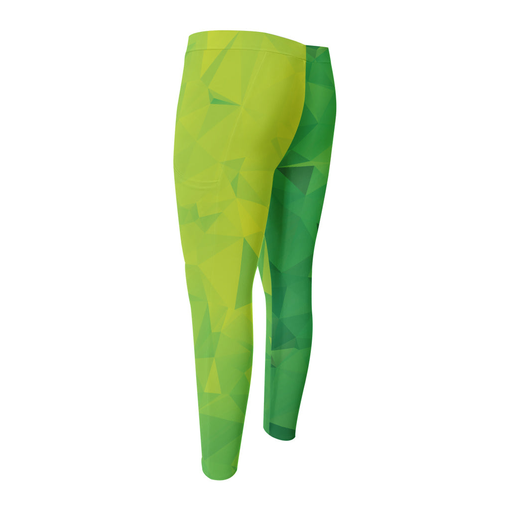 Lime Green Polygonal Geometric Print Men's Compression Pants