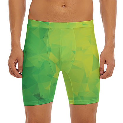 Lime Green Polygonal Geometric Print Men's Long Boxer Briefs