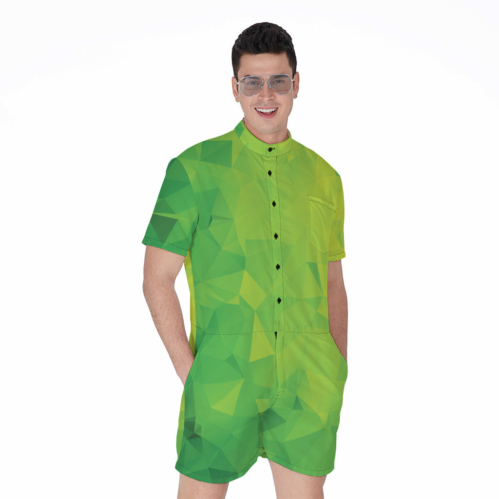 Lime Green Polygonal Geometric Print Men's Rompers