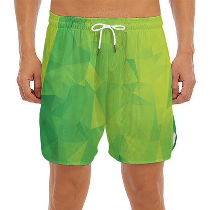 Lime Green Polygonal Geometric Print Men's Split Running Shorts